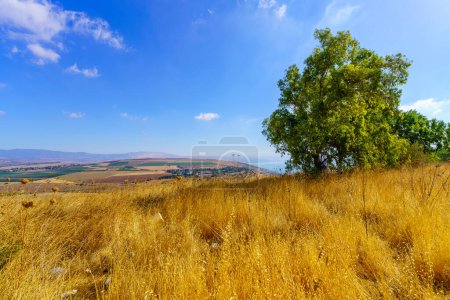 Téléchargez les photos : Vue sur la vallée de l'Arbel, avec campagne et mer de Galilée. Nord d'Israël - en image libre de droit