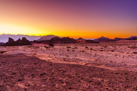 Téléchargez les photos : Vue du lever du soleil sur la roche en forme de sphinx, et le paysage, dans le parc du désert de Timna, au sud d'Israël - en image libre de droit