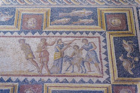 Photo for View of an ancient Roman era mosaic floor (2000 years old) of the Dionysus house, in Tzipori National Park, Northern Israel - Royalty Free Image