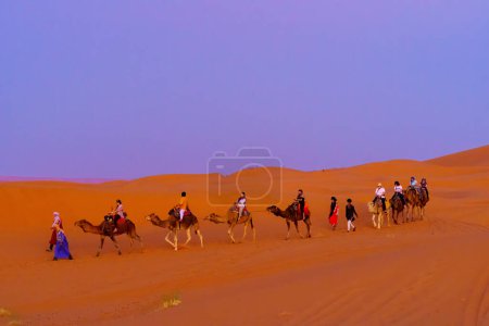 Photo for Merzouga, Morocco - April 01, 2023: Sunset view of a camel caravan with handler and tourists, in the sand dunes of Merzouga, the Sahara Desert, Morocco - Royalty Free Image