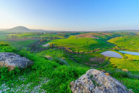 Photo for View of the Tabor Stream landscape, with countryside, Mount Tabor and winter wildflowers, the Lower Galilee, Israel - Royalty Free Image