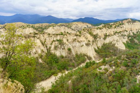 Blick auf die Landschaft der Melniker Sandsteinpyramiden im Pirin-Gebirge, Südbulgarien