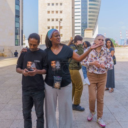 Photo for Haifa, Israel - April 02, 2024: Supporters of Solomon Teka family receive the news about a controversial verdict that acquitted the police officer that shot him dead in 2019. Haifa courthouse, Israel - Royalty Free Image
