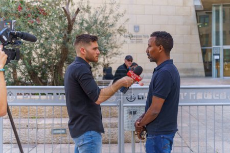 Photo for Haifa, Israel - April 02, 2024: Supporters of Solomon Teka family receive the news about a controversial verdict that acquitted the police officer that shot him dead in 2019. Haifa courthouse, Israel - Royalty Free Image
