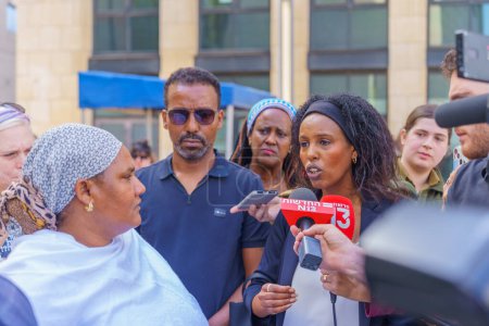 Photo for Haifa, Israel - April 02, 2024: Family members of Solomon Teka, and Supporters, after the controversial verdict that acquitted the police officer that shot him dead in 2019. Haifa courthouse, Israel - Royalty Free Image