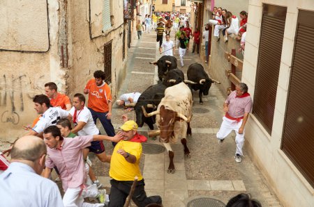 Téléchargez les photos : 16-08-2013 Brihuega, Espagne - Courir des taureaux dans le encierro traditionnel de Brihuega - en image libre de droit