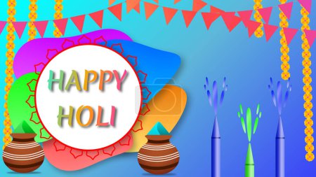Foto de Happy holi wishes illustration image with gulal  (colour) pichkari and decorative flowers. - Imagen libre de derechos