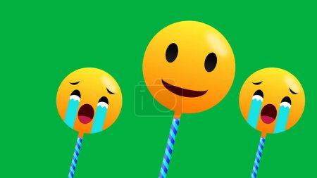 Foto de Expresión emoji sonriente y llorosa aislada sobre fondo verde. - Imagen libre de derechos
