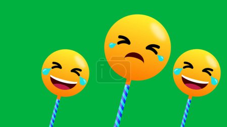 Foto de Triste y dos emoji riendo palo aislado sobre fondo verde. ilustración emoji divertido. - Imagen libre de derechos