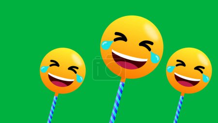 three laughing emoji illustration on green screen. funny facial expressions.