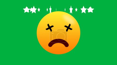 Foto de Emoji expresión mareada con estrellas giratorias cabeza en la pantalla verde. emoticono del mal día. - Imagen libre de derechos
