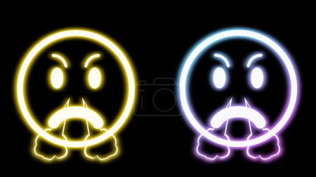 Foto de Expresión emoji momento muy enojado en luz de neón brillante en la pantalla negra. - Imagen libre de derechos