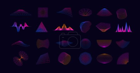 Illustration for Neon grid collection. Retro cyberpunk glitch elements, abstract futuristic geometric shapes for virtual reality game design. Vector set of pattern grid graphic illustration - Royalty Free Image