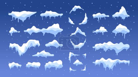 Illustration for Cartoon snow caps with icicles. Snowy frozen cold winter season weather elements, snowball snowflake icy snowcap frost decoration. Vector isolated set of frozen and frost effect illustration - Royalty Free Image