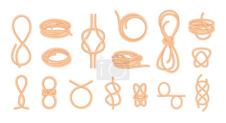 Knotted ropes. Looped bowknot twisted curve straight fiber thread, braided cord knot string tie elements cartoon flat style. Vector isolated collection of bowknot jute texture illustration