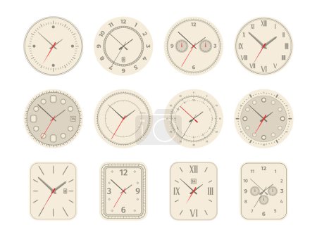 Illustration for Analog clock dial. Mechanical watch face with arabic roman numerals second minute hand, wristwatch set with chronometer time day symbols. Vector collection of clock analog illustration - Royalty Free Image