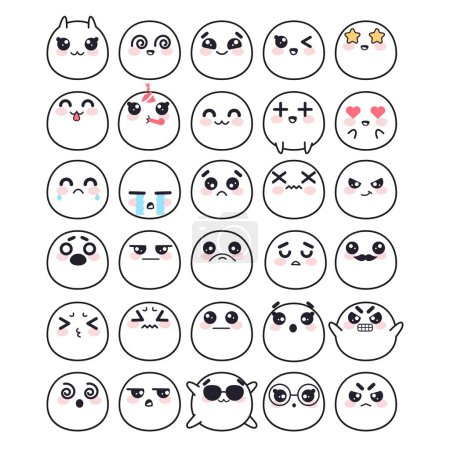 Foto de Kawaii caras lindas colección de emociones línea de arte. Vector de emoticonos doodle amor y risa, loco y felicidad caricatura ilustración - Imagen libre de derechos