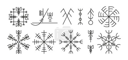 Nordic rune talisman. Scandinavian ancient pagan magic viking protection symbols, norse futhark amulet with scripted mystic signs. Vector isolated set of nordic pagan viking elements illustration