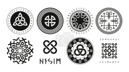 Illustration for Norse runic logo. Scandinavian pagan esoteric religion symbols, viking protection rune triquetra yggdrasil vegvisir futhark valknut icons. Vector nordic set of esoteric ancient and gothic illustration - Royalty Free Image