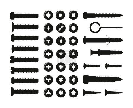 Téléchargez les illustrations : Black screws and bolts. Wall plug nail and nuts silhouettes repairing fasten tools, cartoon building carpentry supplies, wood and metal joints. Illustration of nut and screw - en licence libre de droit