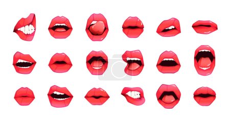 Téléchargez les illustrations : Red female lips. Cartoon woman mouth with different emotions kiss smile tongue out, impudent plump girl lip expressions. Vector colorful set of female mouth cartoon woman illustration - en licence libre de droit