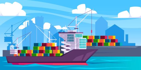 Téléchargez les illustrations : Freight ship in port. Cartoon marine dock with barge loading containers, international seaport terminals and shipyard with vessels. Vector flat illustration. Importing goods, global commerce - en licence libre de droit