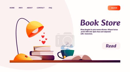 Illustration for Bookstore landing page. Website template with books and magazines, cartoon book market, reading books concept. Vector webpage mockup. Literature, academic textbooks shop, desk for studying - Royalty Free Image