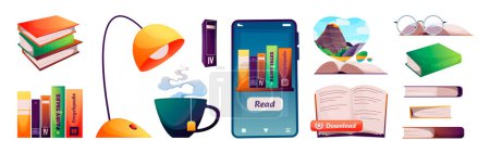 Illustration for Book reading elements. Library home read and self education elements, mobile book reader app, stack of books with desk lamp and cup of tea. Vector cartoon set. Elements for studying - Royalty Free Image