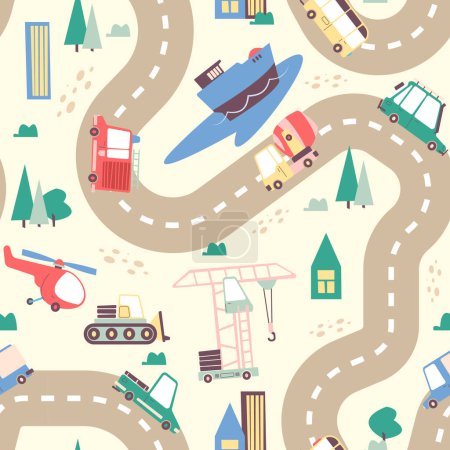Illustration for Cute kids transport pattern. Seamless print of colorful cartoon kid transportation vehicles, children street transport backdrop. Vector texture. Nursery room wallpaper with city traffic - Royalty Free Image
