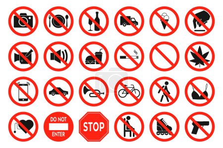 Prohibition signs. Alcohol, tobacco, mobile phone and computer usage signs, warning icons for public and business. Vector set. No food, bicycle, rollerskating and weapons, forbidden objects