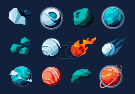 Planets and asteroids. Sci-Fi universe cartoon rock meteorites, funny game user interface asset of comic space asteroids and sphere meteorites. Vector set. Fantastic alien world, isolated shapes