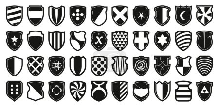 Heraldic shields logo. Army security and military badge icons, game clans and royal army individual symbol, protection concept. Vector certificate and award icon set. Different achievements