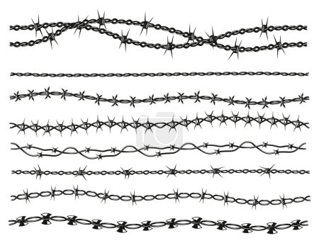 Illustration for Razor wire collection. Barbed wire military border, dangerous chain of sharp barbed wire, danger warning silhouette for security concept. Vector set. Prison boundary protection with metal spikes - Royalty Free Image