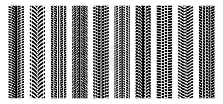Illustration for Machinery tire tracks. Motorcycle and car tires marks trail, dirt tire traces on street, rubber tire marks for rally car and bike. Vector isolated set. Motor vehicle driving road print - Royalty Free Image