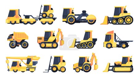 Construction machinery. Road building heavy equipment, digger excavator crane heavy truck dump, industrial engineering equipment. Vector set. Bulldozer, forklift and loader machines