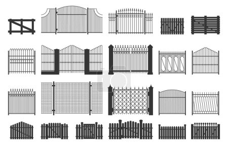 Fence and gate. Decorative ornamental grid metal frames, garden ornamental boundary construction, entrance security concept. Vector isolated set. Private territory protection, outdoor wooden planks