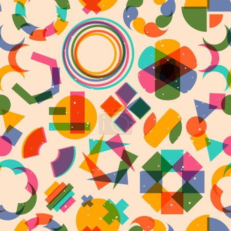 Illustration for Riso effect pattern. Seamless print with retro glitch overlapped effect, abstract 90s style linocut design. Vector texture. Round, square and triangle vivid shapes wrapping paper or wallpaper - Royalty Free Image