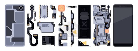 Phone disassembly parts. Smart phone open and closed, mobile device with camera and memory elements, electronic device service. Vector set. Repairing cellphone components, electronic service