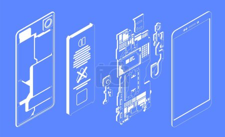 Illustration for Phone parts blueprint. Wireframe mobile device with dismantled case and screen, wireless gadget with battery and SIM-card. Vector isolated set. Gadget with different electronic components - Royalty Free Image