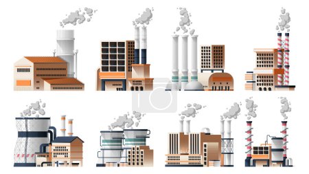 Illustration for Industrial factory. Manufacturing workshop with machinery and production line, heavy industry construction with coal fired power plant. Vector set. Pipes with chemical smog, toxic fumes - Royalty Free Image