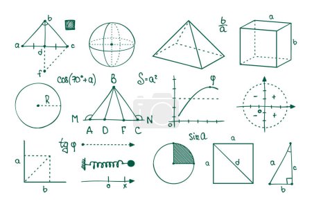 Mathe-Diagramme. Parabeln, Kosinus, Sinus und Tangenten-Kurven. Geometrische Figuren und Funktionen. Vector College algebraische Symbole. Illustration der Parabel der Diagrammmathematik