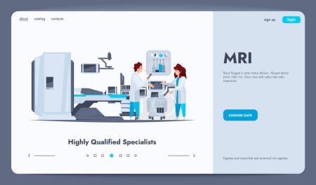 Illustration for MRI scan landing. Medical diagnostic equipment, doctor patient room with medical equipment cartoon flat style, healthcare concept. Vector illustration of ct and tomography examination - Royalty Free Image
