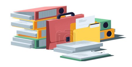 Illustration for Document pile. Stacked paper sheets, messy office stationary with paper folder, chaotic paperwork. Vector isolated set of office paperwork, stack work messy illustration - Royalty Free Image