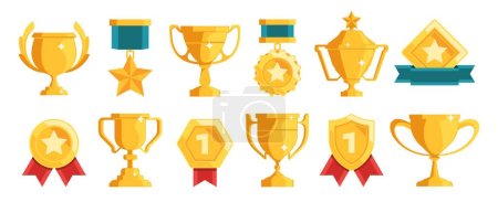 Illustration for Golden trophy and awards icons. Competition achievement medal flat design, trophy cup and medal ribbons for award ceremony concept. Vector set of achievement award competition illustration - Royalty Free Image