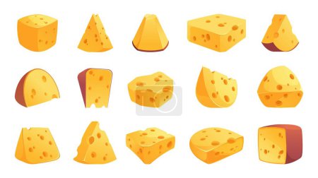 Illustration for Cheese pieces. Cartoon cheddar blocks, organic parmesan cubes and triangles, dairy eco farm product cutoff pieces. Vector isolated set. Organic food, tasty milk snack, healthy ingredient - Royalty Free Image