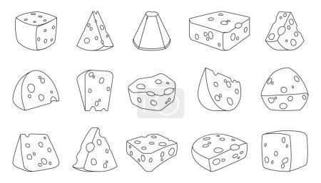 Illustration for Cheese line icons. Slices, pieces and blocks of old farm cheese, outline parmesan cuts for product packaging design. Vector isolated set. Healthy and organic ingredient, dairy food - Royalty Free Image