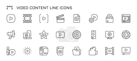 Illustration for Video content line icons. Web streaming, online video, mobile phone and tablet app multimedia, camera and editing. Vector set. Different gadgets for making movies, blogging isolated symbols - Royalty Free Image