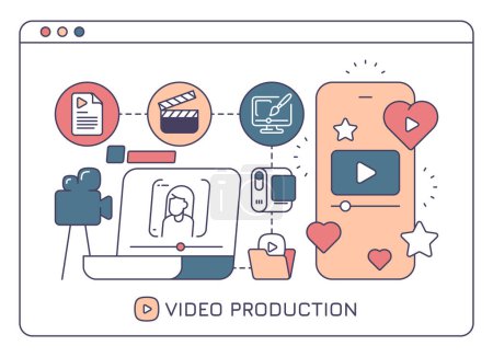 Illustration for Video production concept. Webinar and streaming video concept with camera and editing software. Cartoon flat video making concept. Vector illustration. Laptop with video contact, smartphone screen - Royalty Free Image