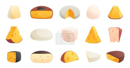 Illustration for Cartoon different cheese. Cheese slices and blocks flat style, dairy products french cheddar brie emmental smoked cheese. Vector isolated set. Organic snack made from milk collection - Royalty Free Image