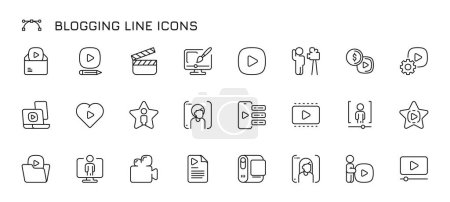 Illustration for Video blogger line icons. Ifluencer social media subscription, message and comment in linear style, people acting and telling stories. Vector flat set. Editing video content, blogging concept - Royalty Free Image